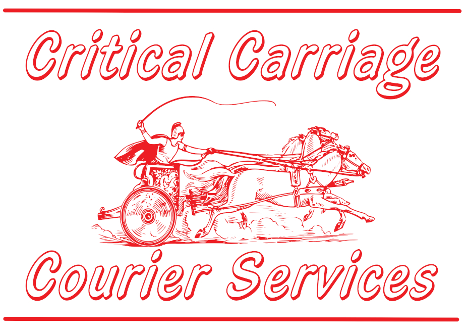 Critical Carriage Courier Service logo includes a roman chariot led by a team of two horses
